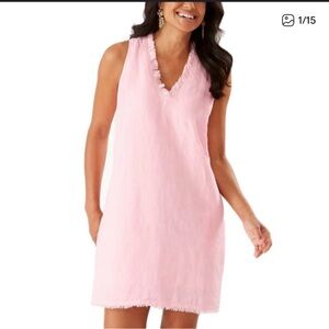 ❤️❤️❤️Tommy Bahama Two Palm Ruffle Shift Dress.  Pink Sleeveless V-Neck Dress
